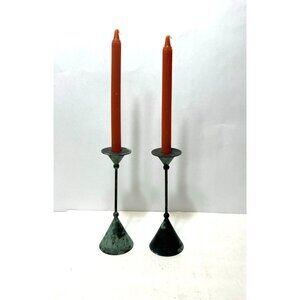 Vintage Pair of Italian Memphis Post Modern Verdigris Patina Brass Candlesticks